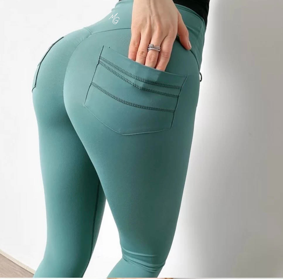 Adjustable Scrunch Waistband Leggings With Pockets / Teal Green