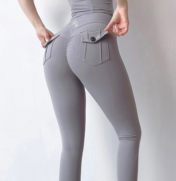 Grey Scrunch Butt Flap Pockets Button Leggings